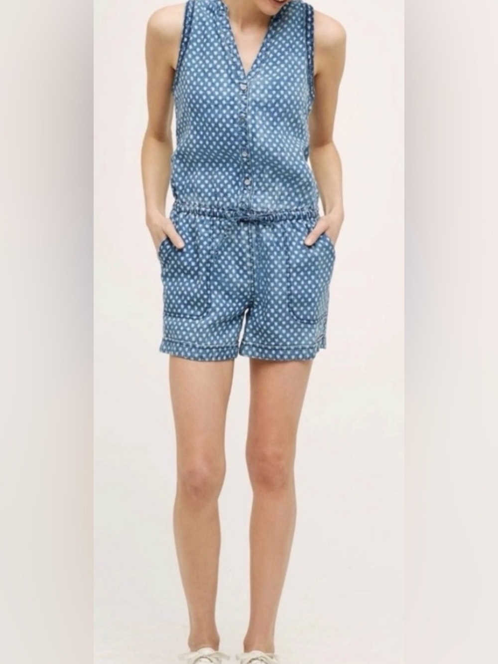 Hei Hei by Anthropologie Blue Polka Dot Linen Sleeveless Romper - Size S